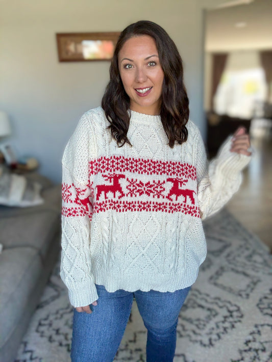 BiBi Christmas Theme Fair Isle Cable Knit Sweater in Ivory/Red