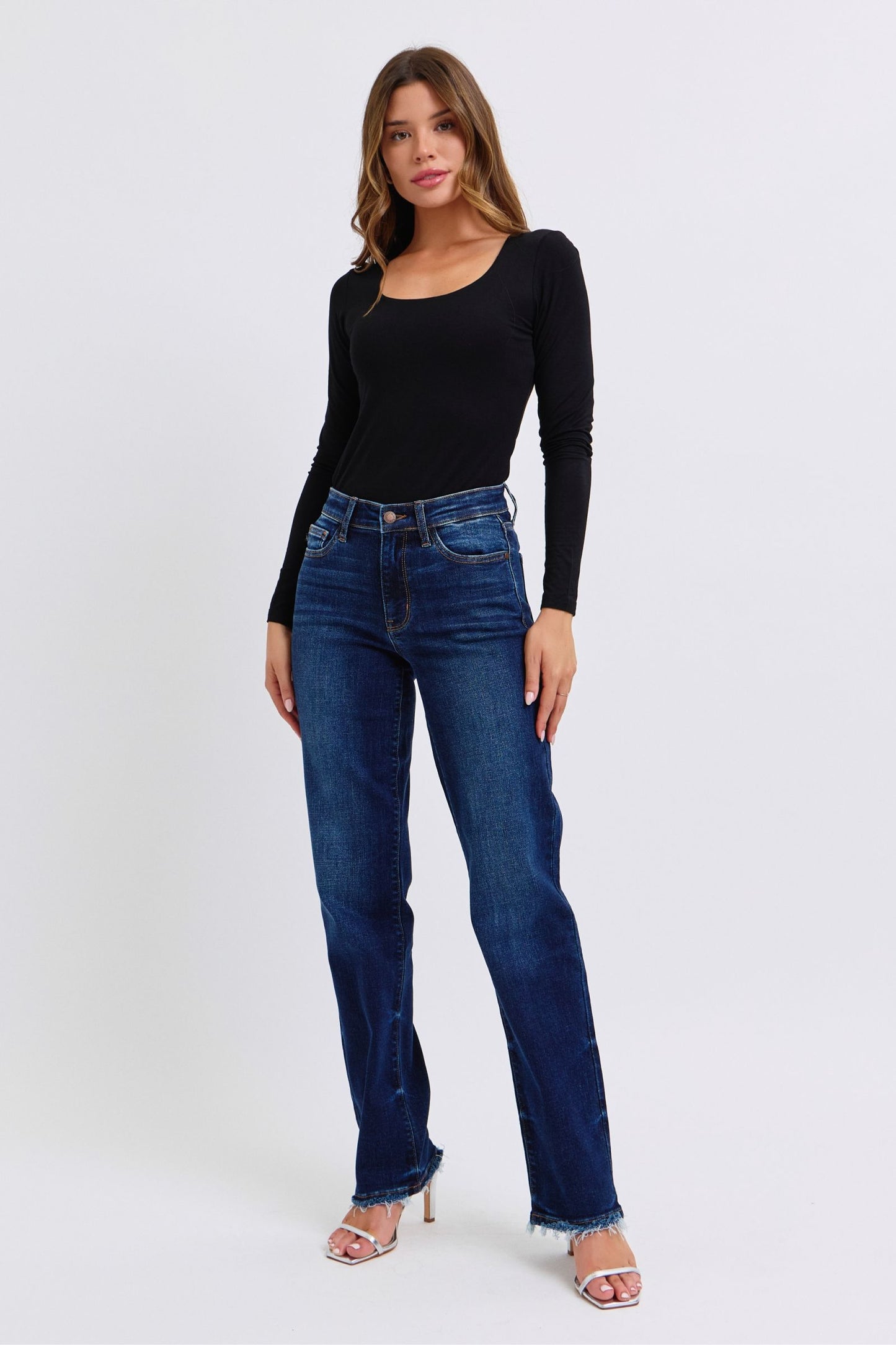 Judy Blue Midnight Horizon Mid Rise Straight Leg Fray Hem Denim Jeans