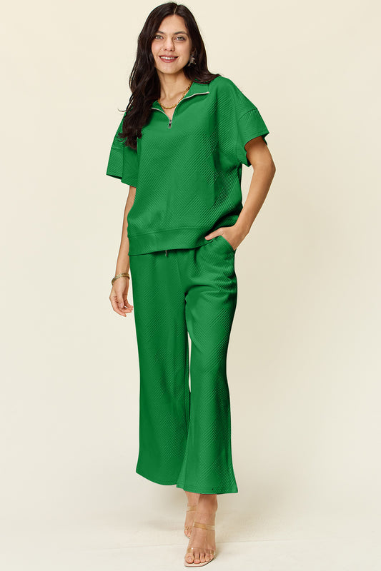 Textured Half Zip Short Sleeve Top and Wide Leg Crop Pants Set in 8 Colors