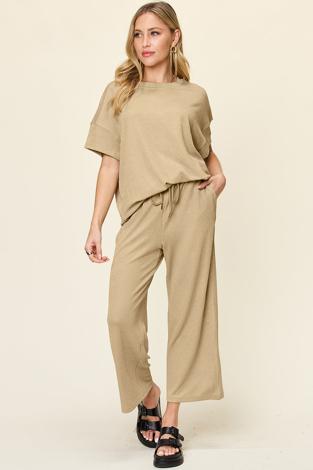 Ribbed Short Sleeve Shirt and Wide Leg Pants Set in in 6 Colors