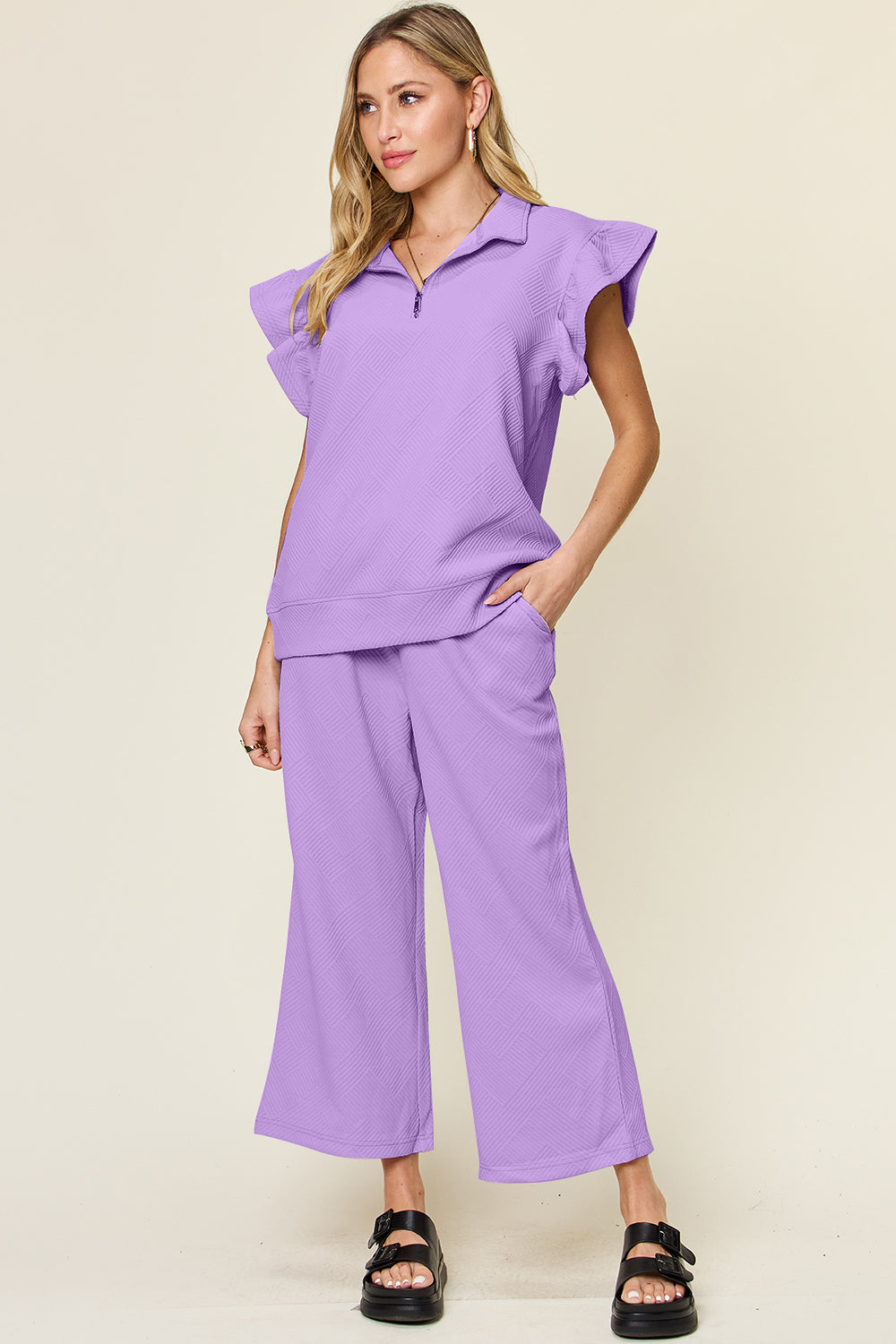 Textured Ruffle Short Sleeve Top and Cropped  Wide Leg Pants Set in 12 Colors