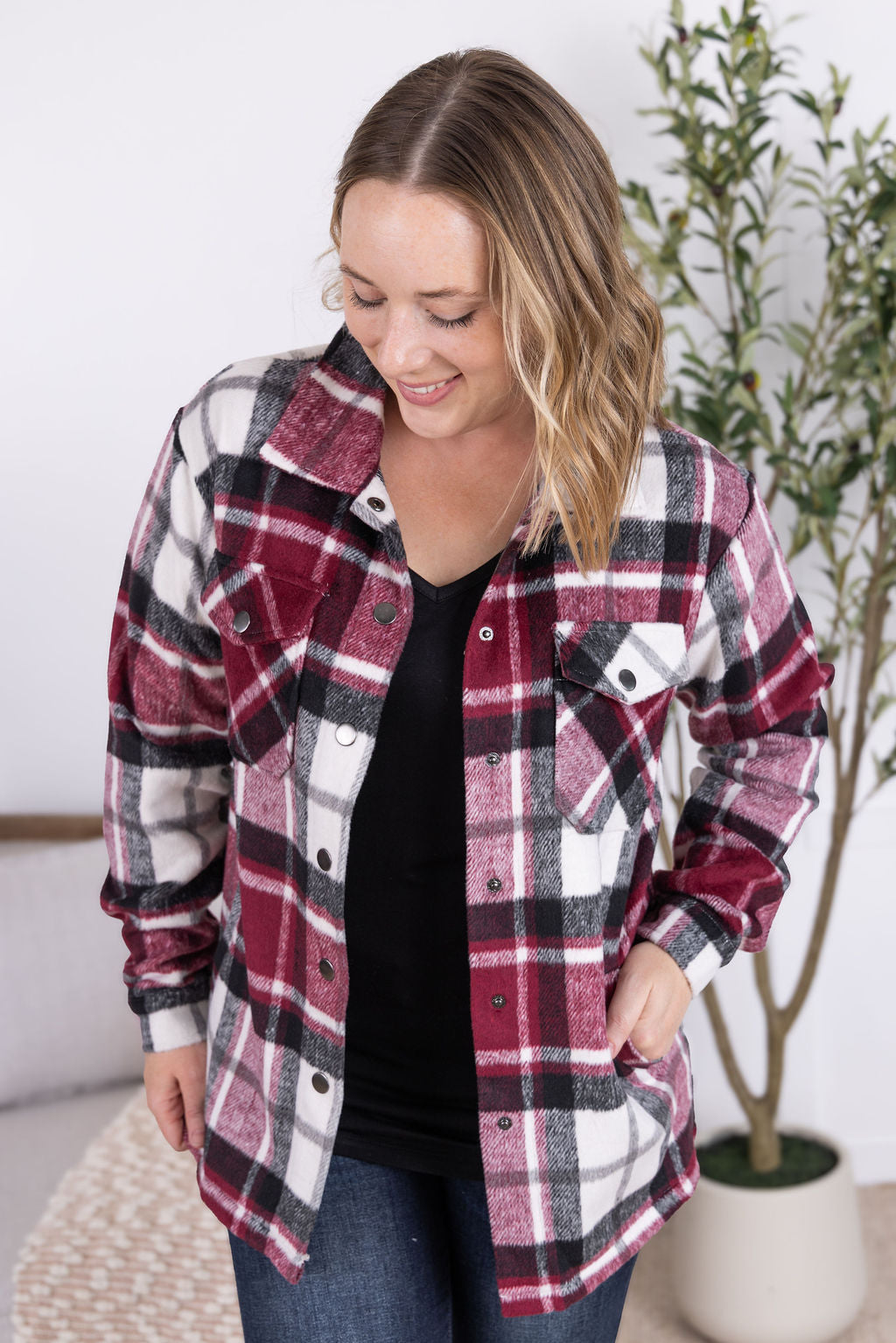 Michelle Mae Norah Plaid Shacket - Merlot Mix