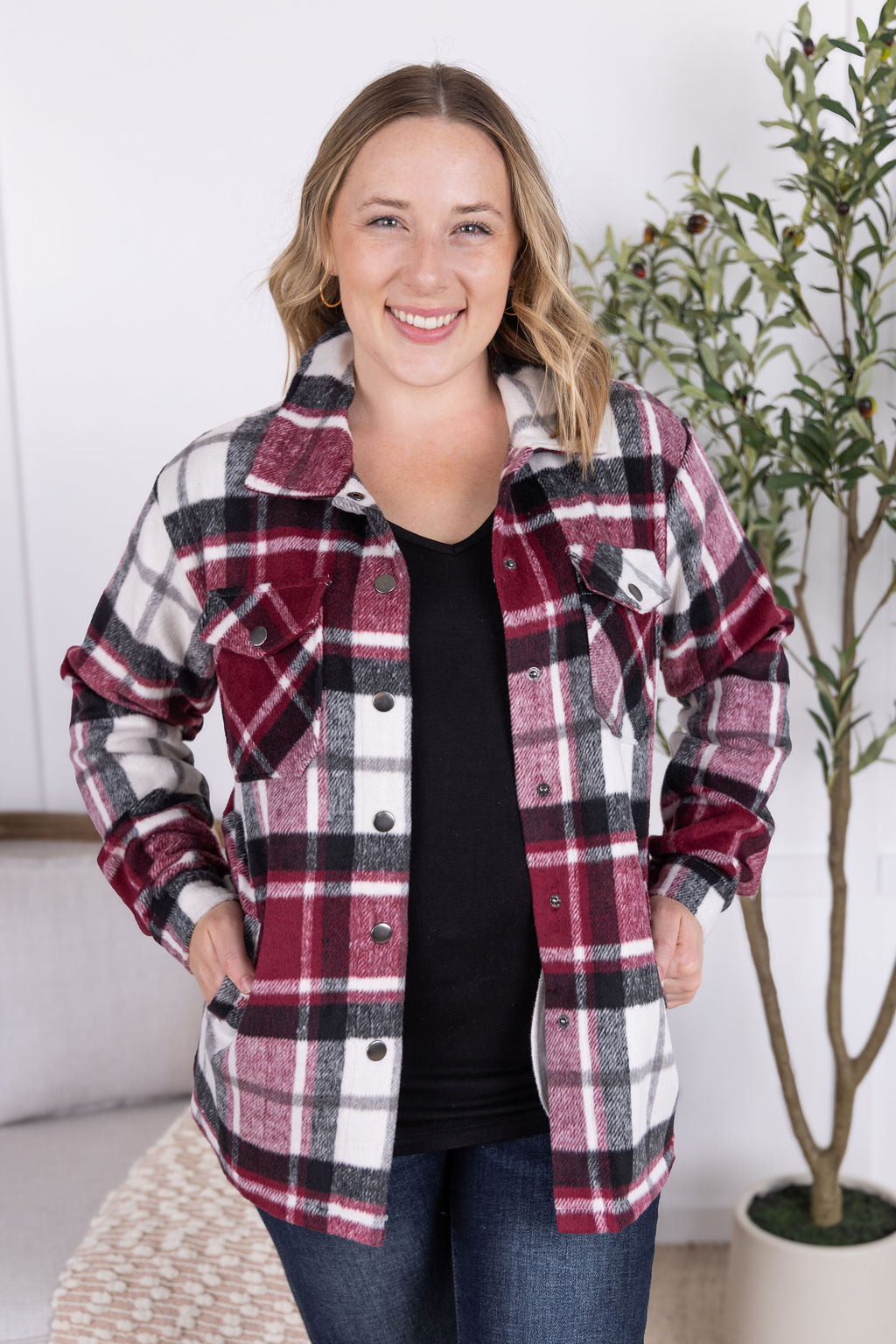 Michelle Mae Norah Plaid Shacket - Merlot Mix