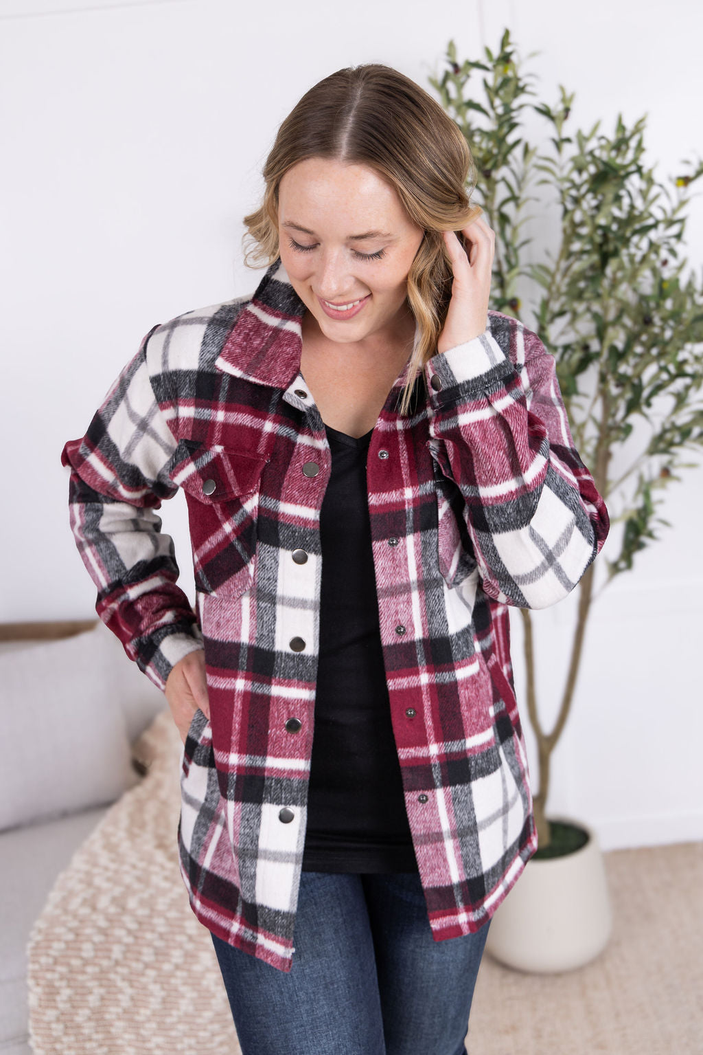 Michelle Mae Norah Plaid Shacket - Merlot Mix