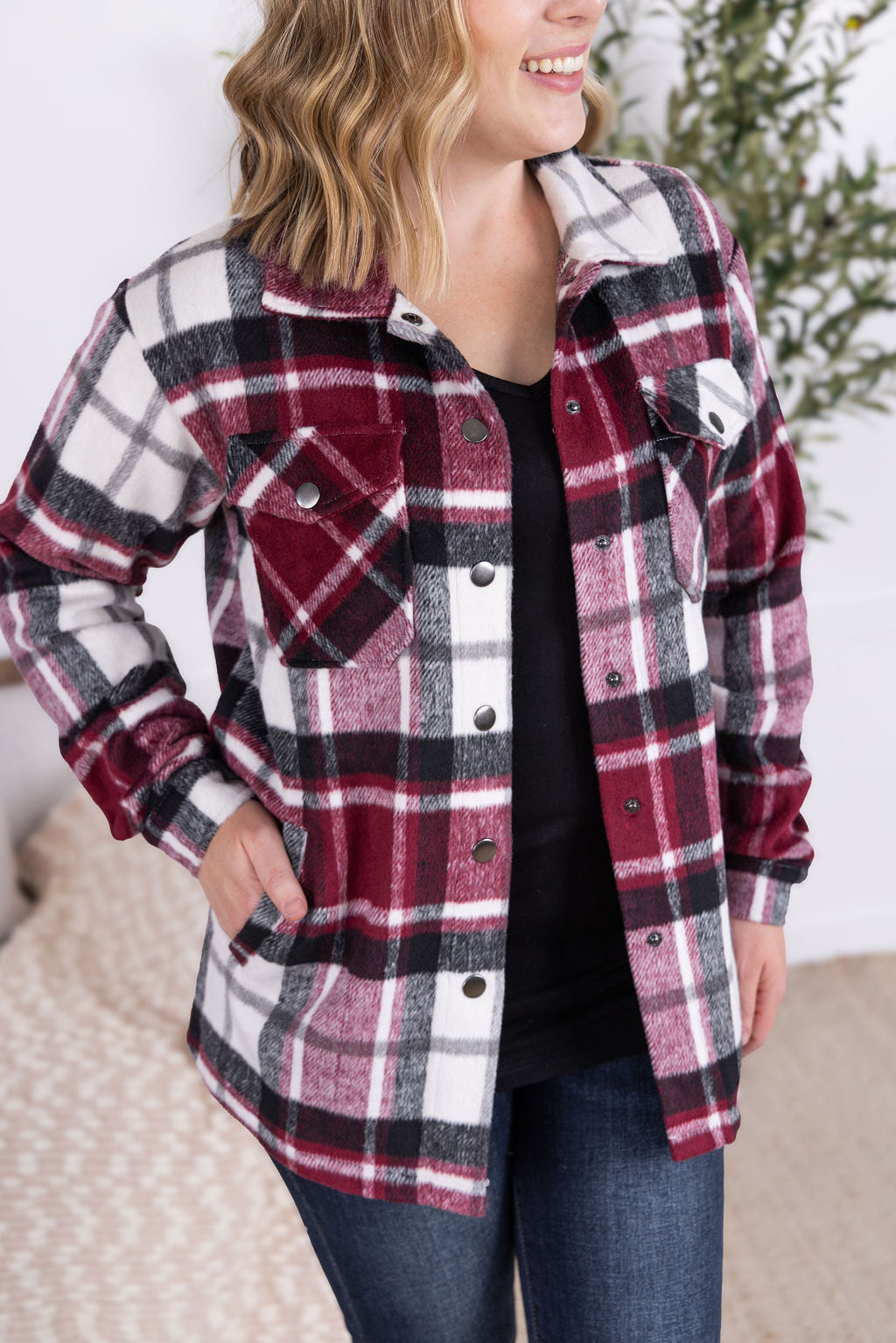 Michelle Mae Norah Plaid Shacket - Merlot Mix