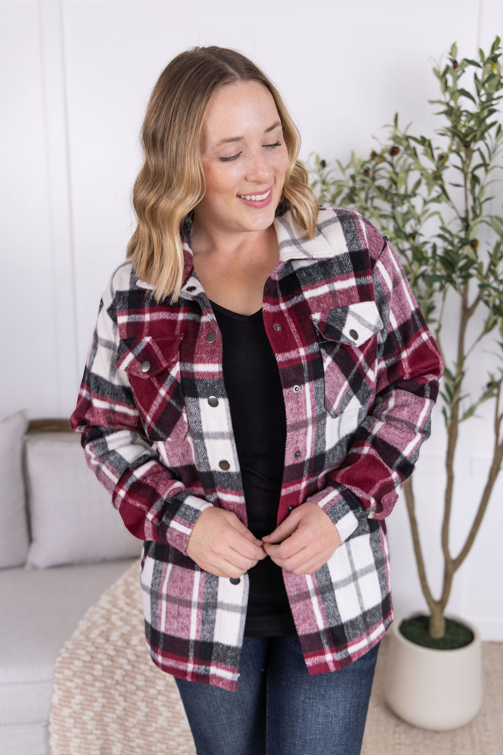 Michelle Mae Norah Plaid Shacket - Merlot Mix