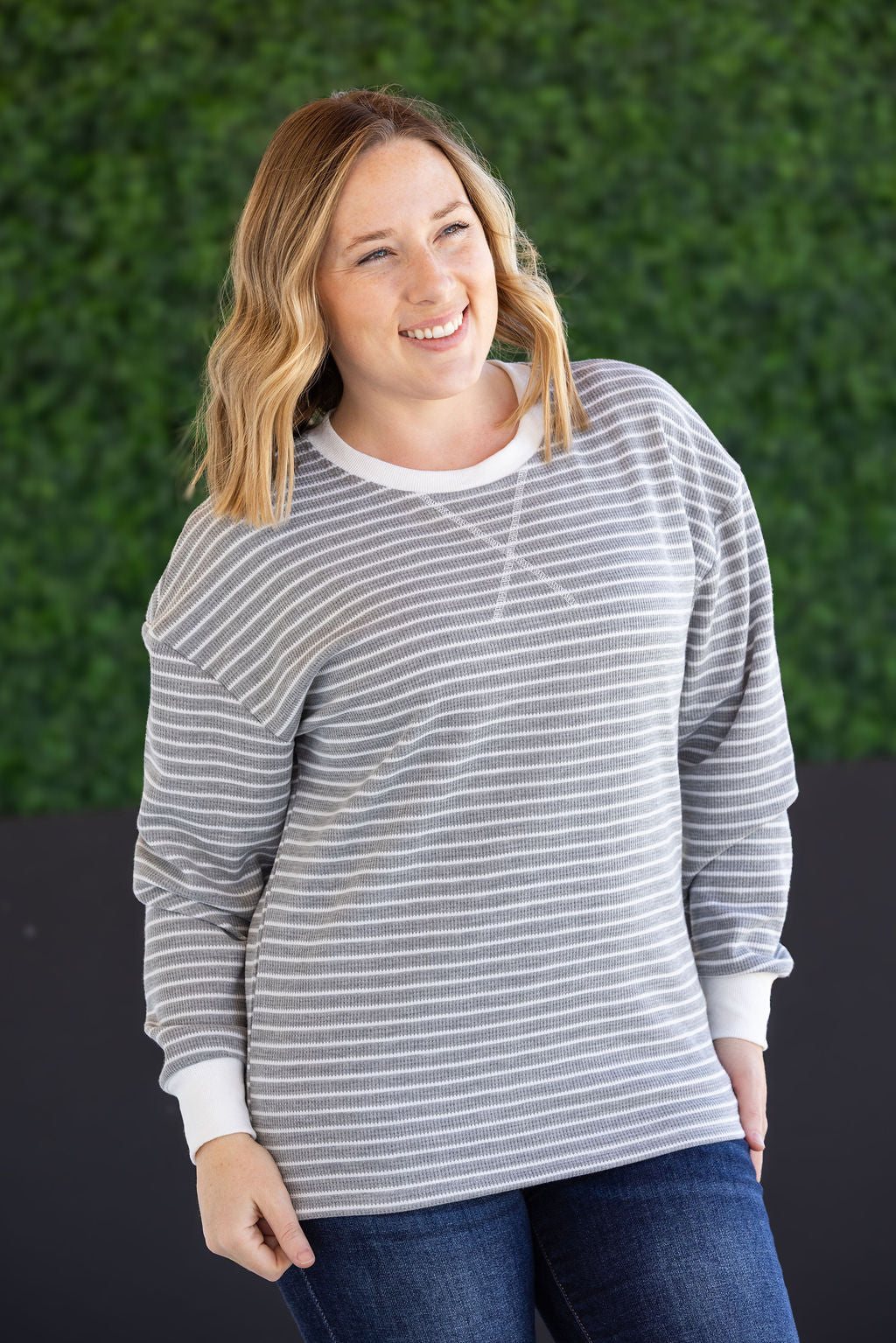 Michelle Mae Lola Striped Thermal Top - Grey