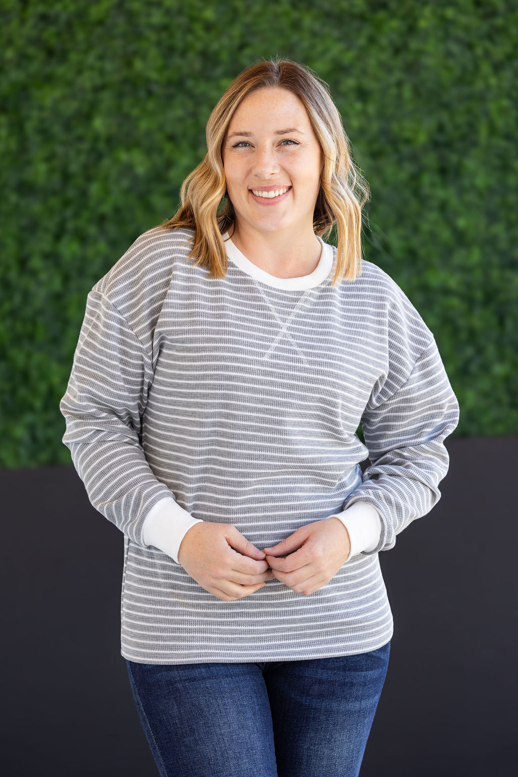 Michelle Mae Lola Striped Thermal Top - Grey