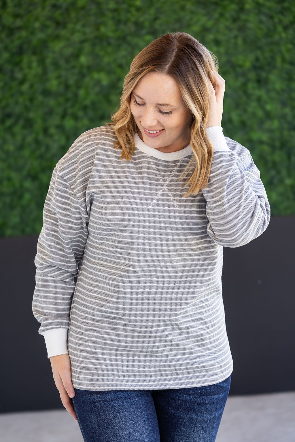 Michelle Mae Lola Striped Thermal Top - Grey