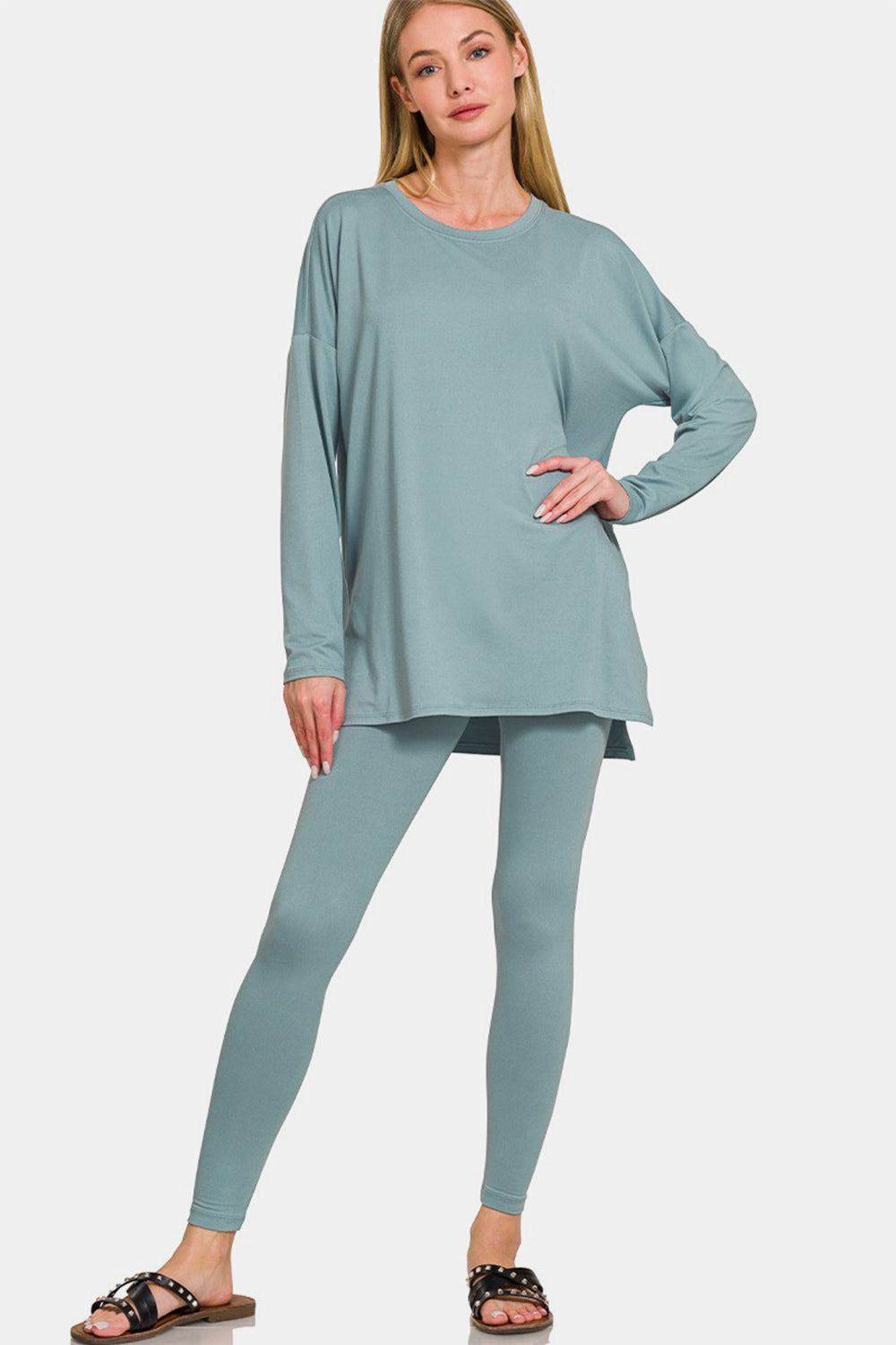 Zenana Ready to Relax Brushed Microfiber Top and Leggings Lounge Set in Blue Grey