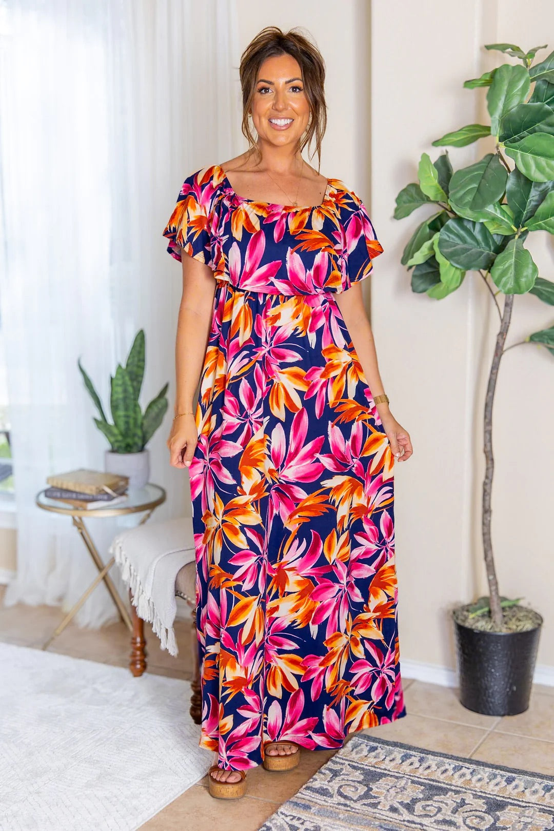 Oakley Off The Shoulder Maxi Dress - Navy Tropical