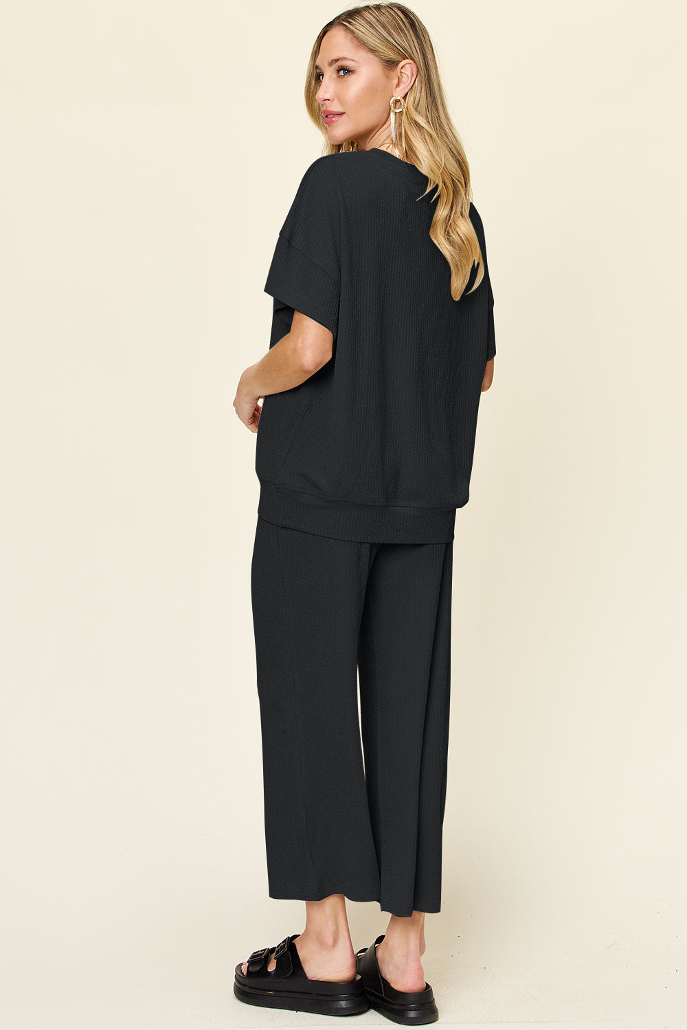 Ribbed Short Sleeve Shirt and Wide Leg Pants Set in in 6 Colors