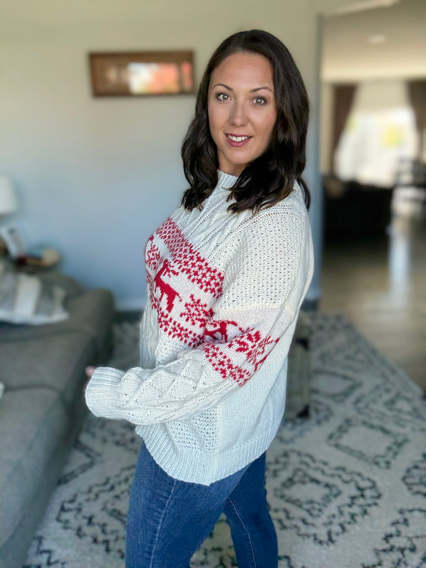 BiBi Christmas Theme Fair Isle Cable Knit Sweater in Ivory/Red