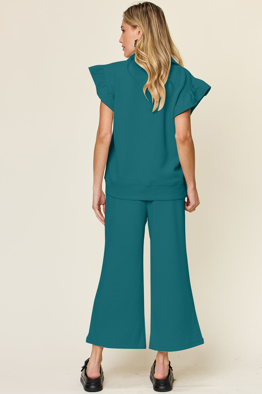 Textured Ruffle Short Sleeve Top and Cropped  Wide Leg Pants Set in 12 Colors