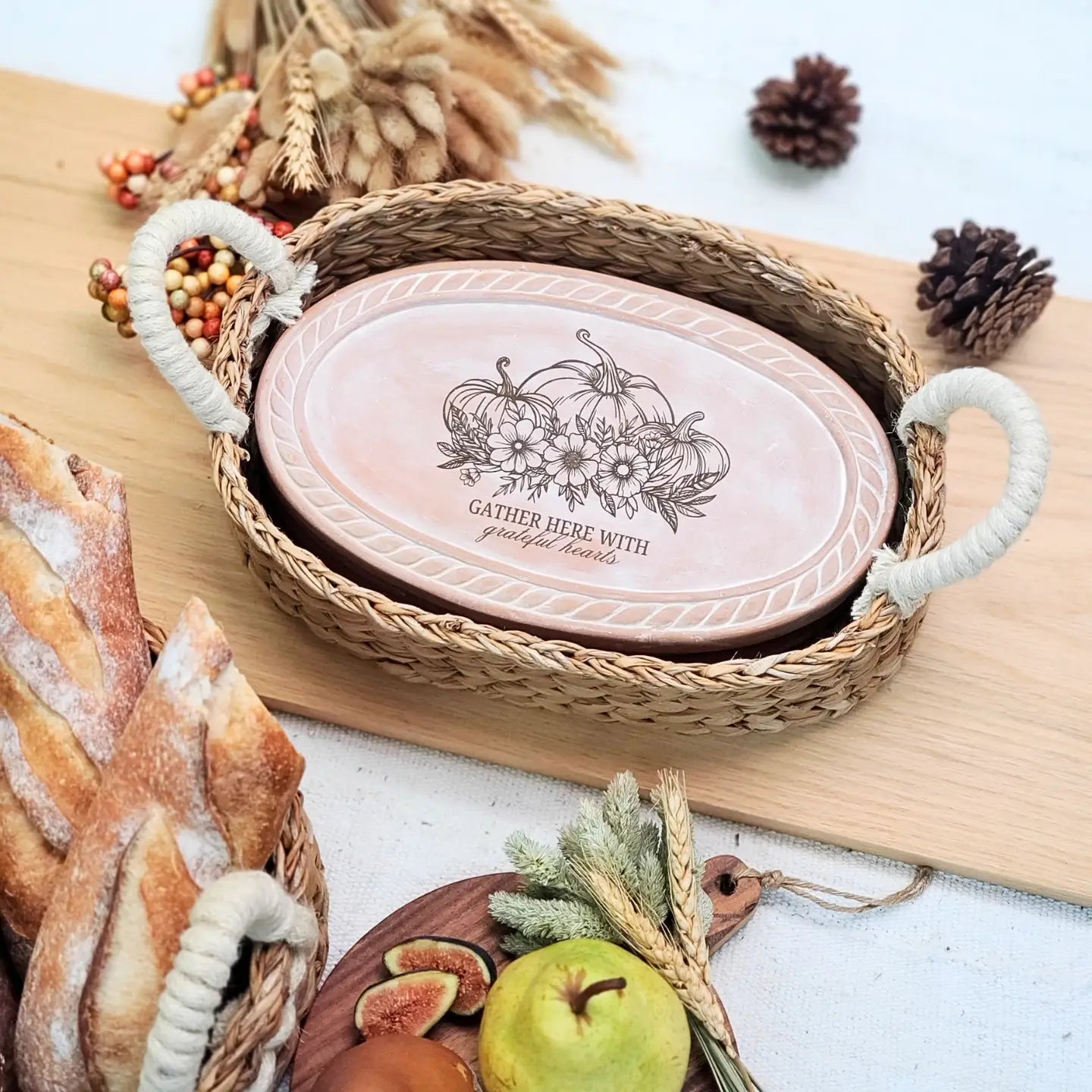 Handmade Bread Warmer & Wicker Basket - "Gather" Oval