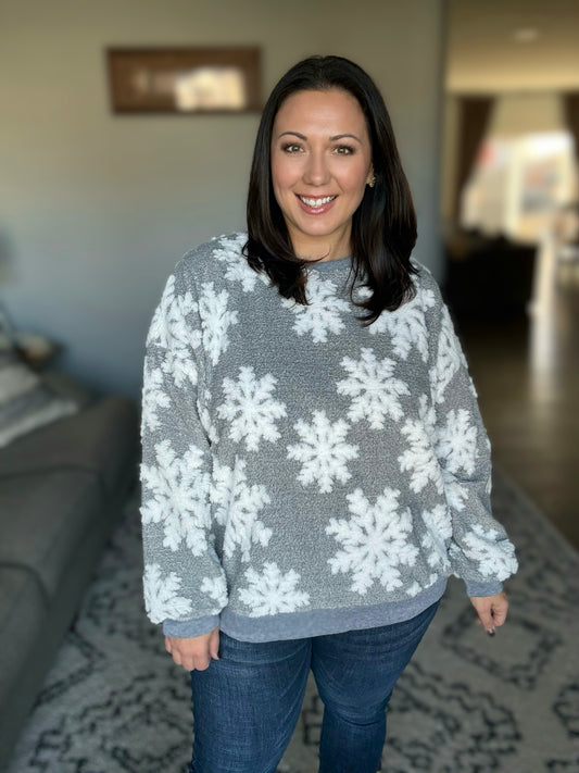 Season Greetings Silver Puffy Snowflake Sherpa Pullover