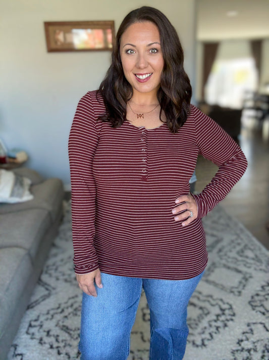 Michelle Mae Striped Henley Long Sleeve - Burgundy