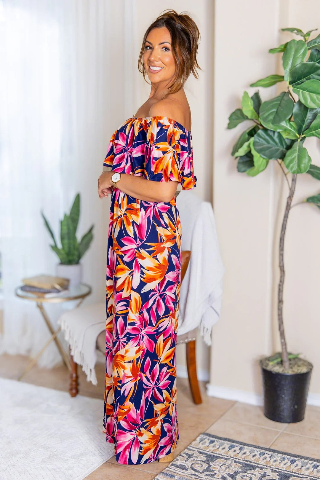 Oakley Off The Shoulder Maxi Dress - Navy Tropical