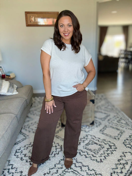 RISEN Full Size Tummy Control Mid Rise Ankle Relaxed Barrel Jeans in Cocoa