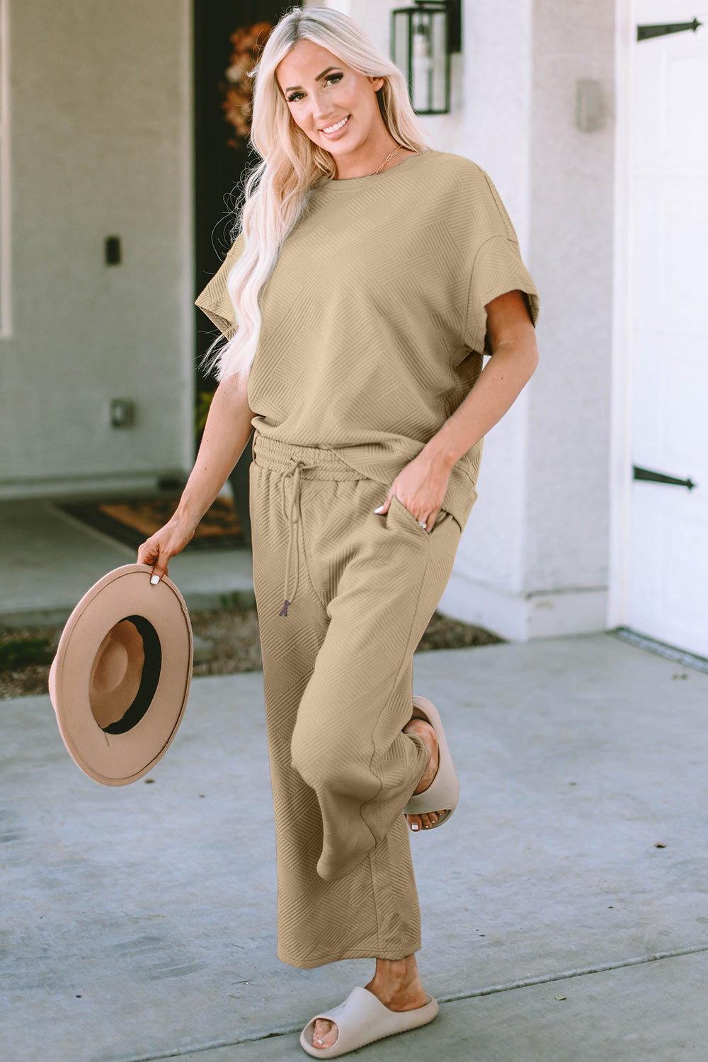 Textured Short Sleeve Top and Pants Set in 4 Colors