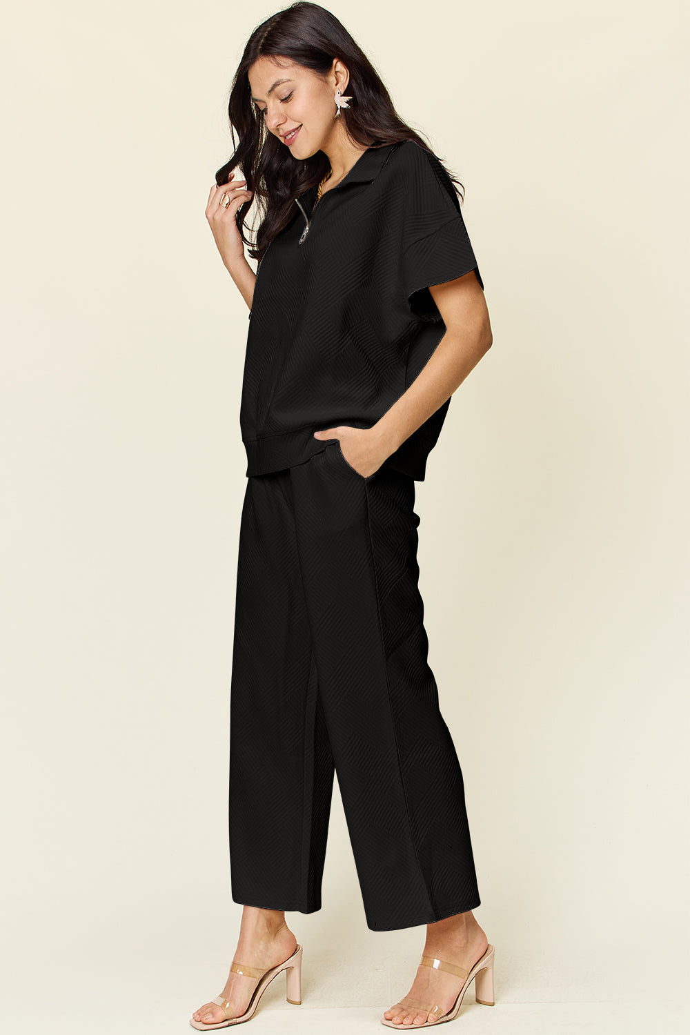 Textured Quarter Zip Short Sleeve Top and Cropped Pants Set in 6 Colors