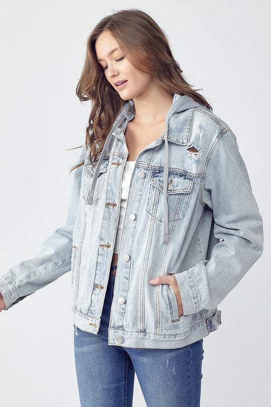 RISEN Distressed Denim Jacket with Removable Hood