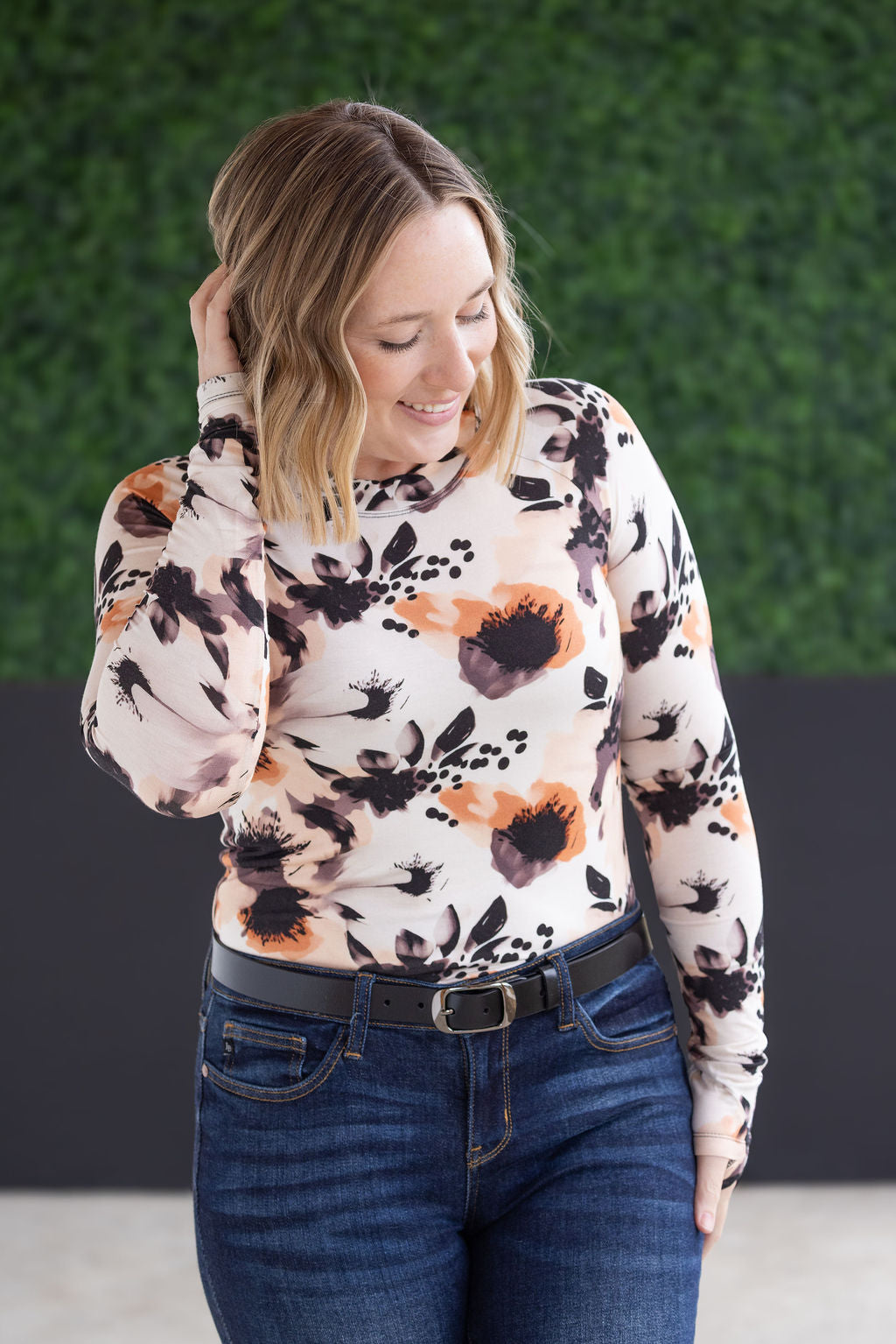 Michelle Mae  Blair Long Sleeve Top - Neutral Abstract