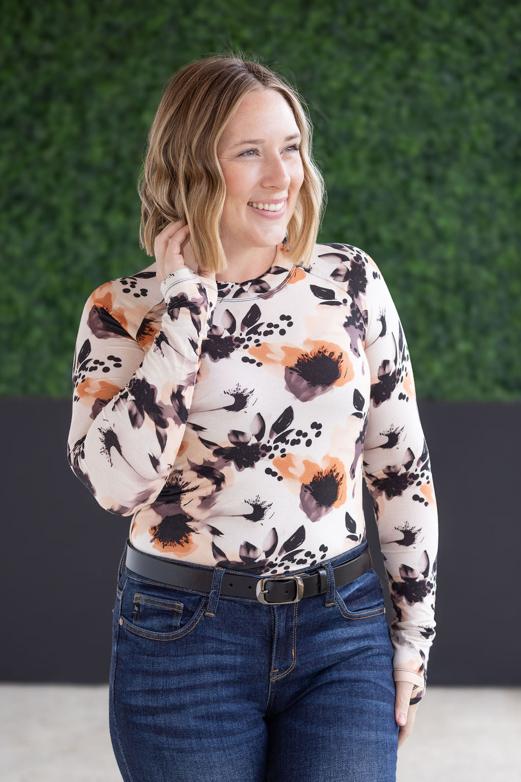 Michelle Mae  Blair Long Sleeve Top - Neutral Abstract