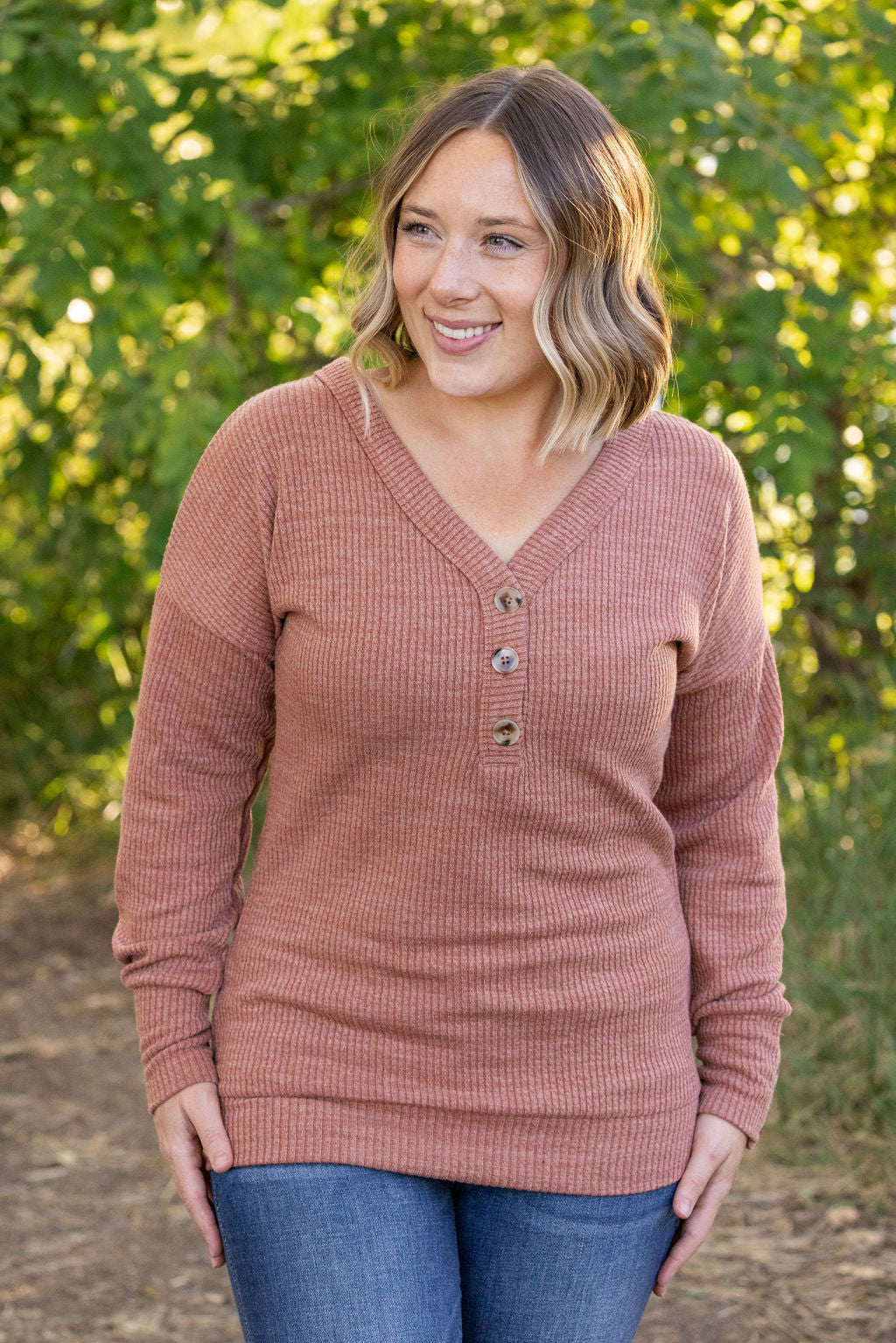 IN STOCK Brittney Button Sweater - Terra Cotta