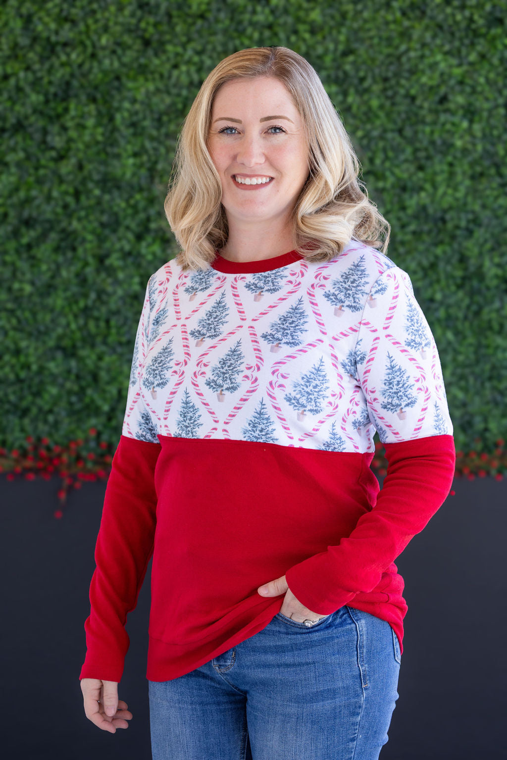 Michelle Mae Natalie Pullover - Candy Cane Lane and Red