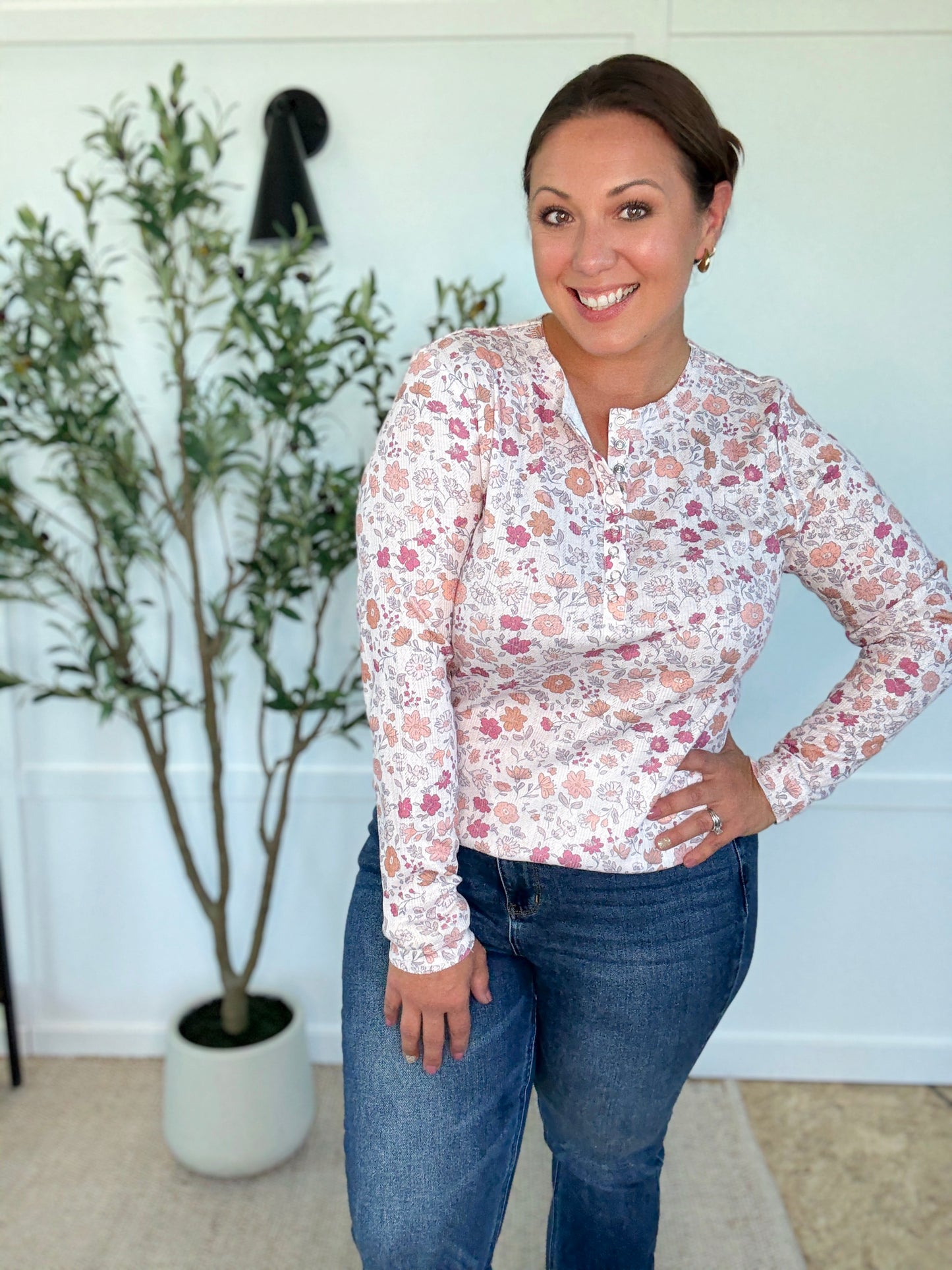 Michelle Mae Button Snap Henley Top - Pink Fall Vintage Floral