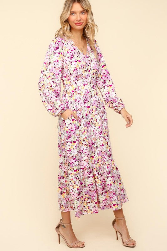 Haptics Lilac Floral V-Neck Long Sleeve Dress with Pockets