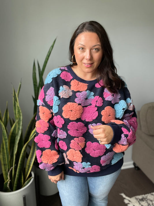 Embroidered Sherpa Flower Pullover in  Navy & Fuchsia