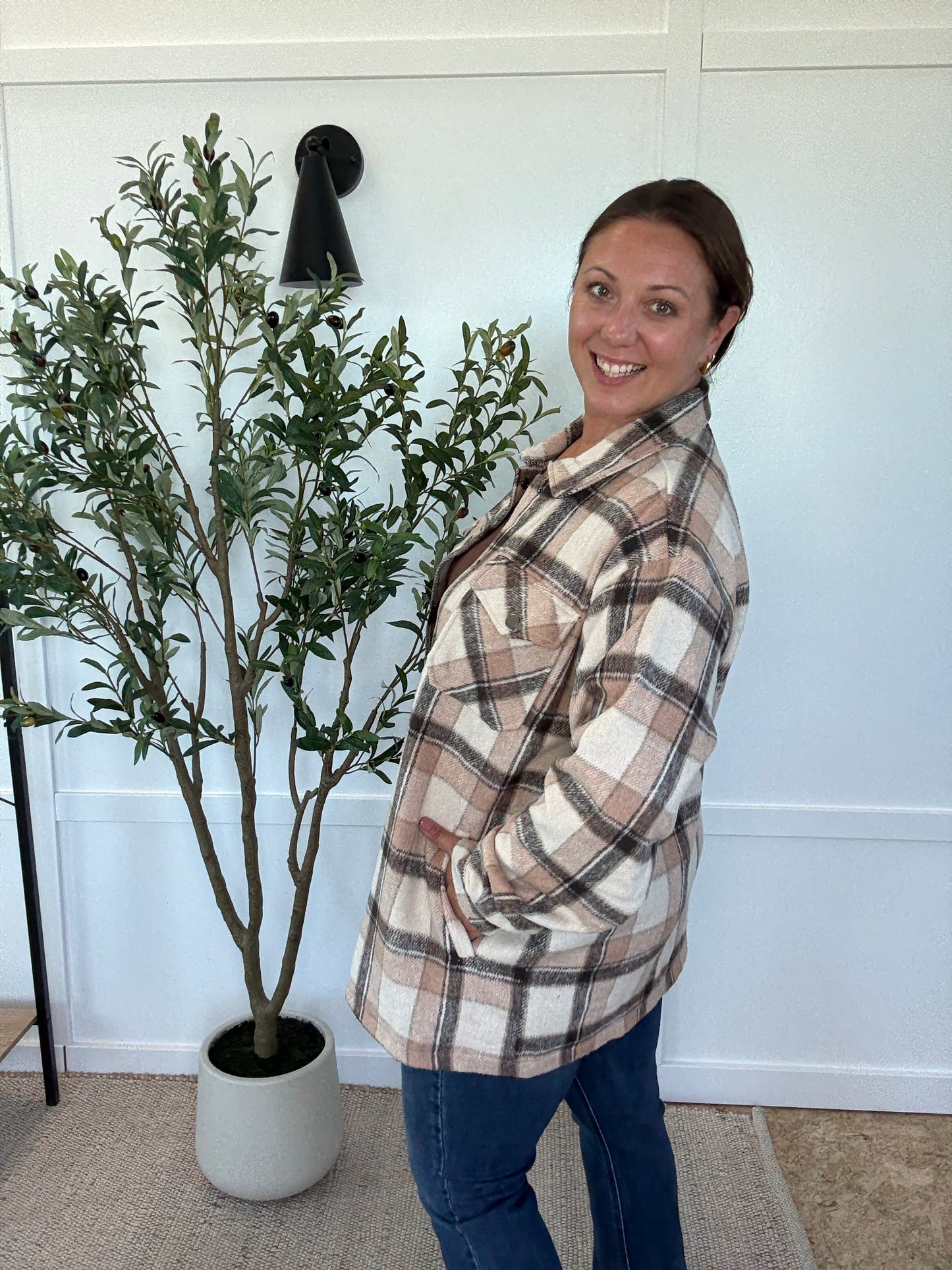 Michelle Mae Norah Plaid Shacket - Beige Mix Plaid