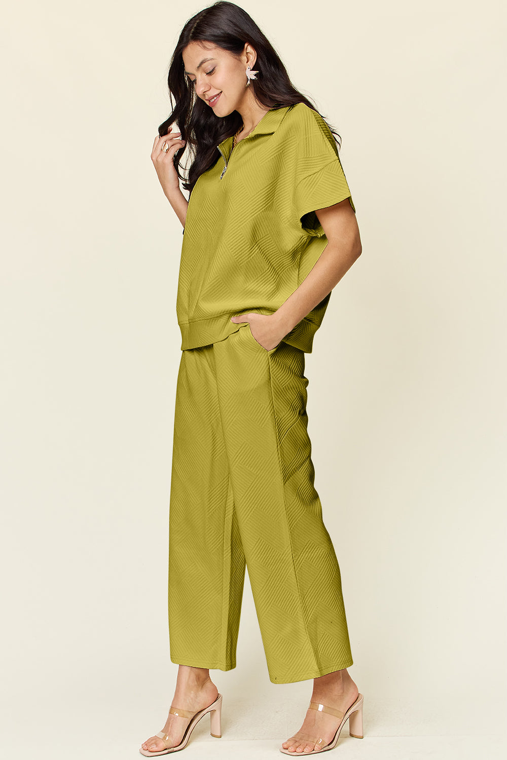 Textured Half Zip Short Sleeve Top and Wide Leg Crop Pants Set in 8 Colors