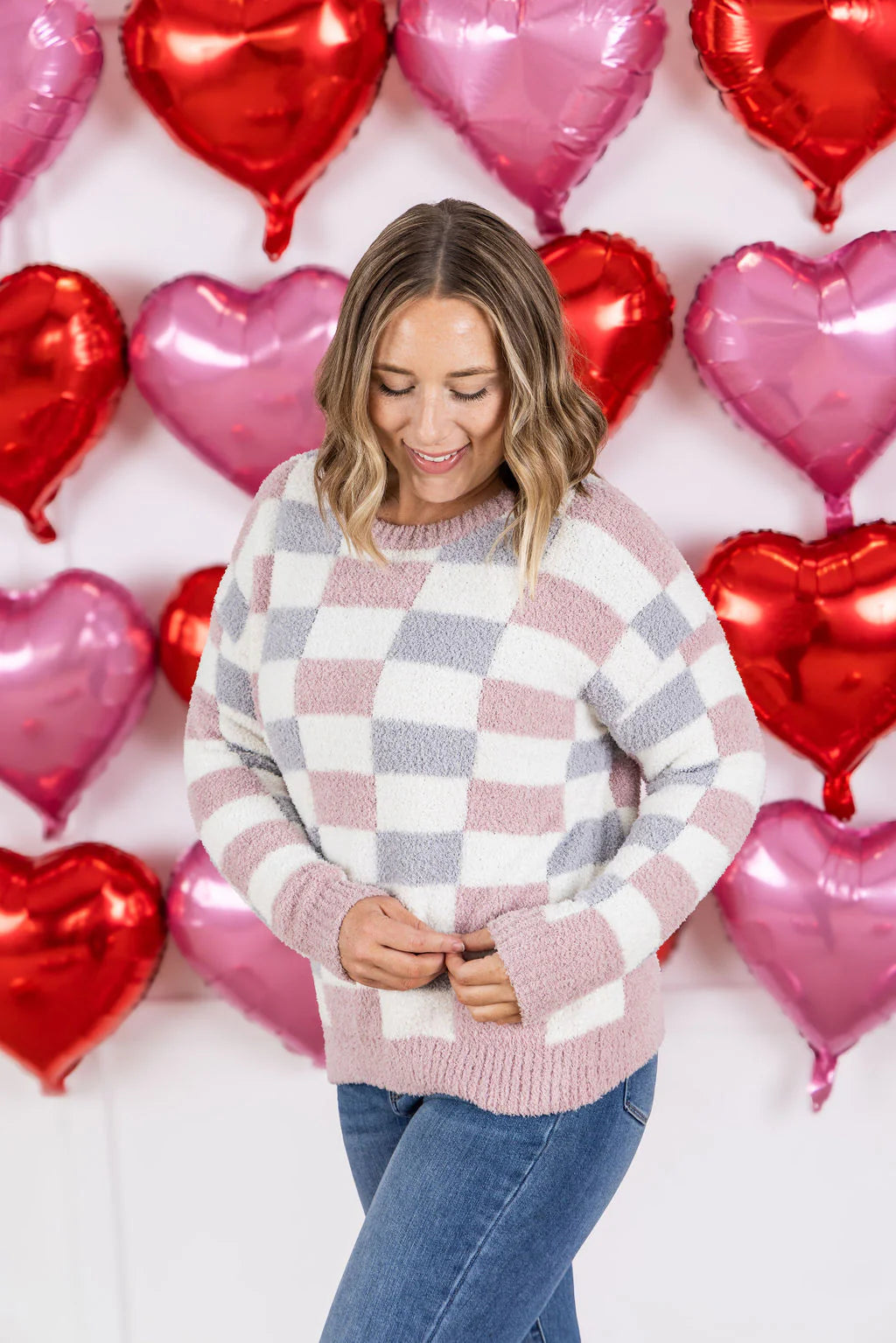 IN STOCK Checkered Sweater - Grey and Pink