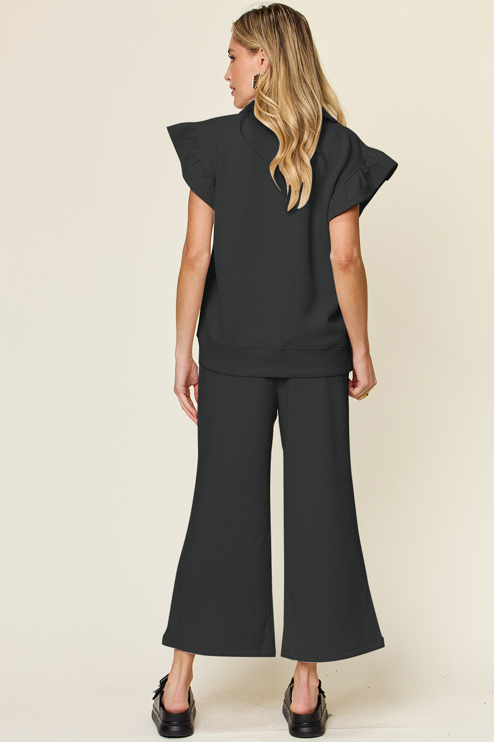 Textured Ruffle Short Sleeve Top and Cropped  Wide Leg Pants Set in 12 Colors