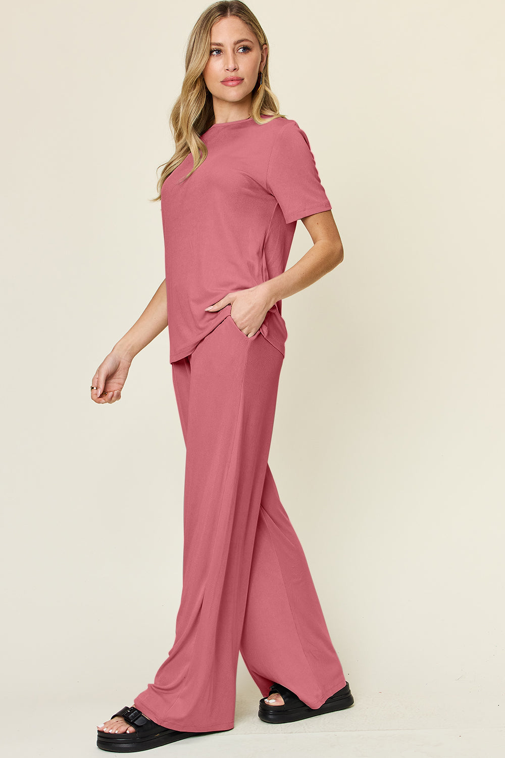 Slinky Short Sleeve Shirt and Wide Leg Pants Set in 4 Colors