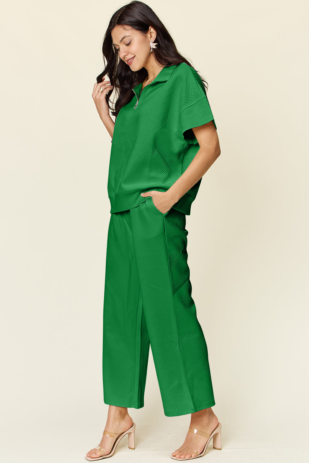 Textured Half Zip Short Sleeve Top and Wide Leg Crop Pants Set in 8 Colors