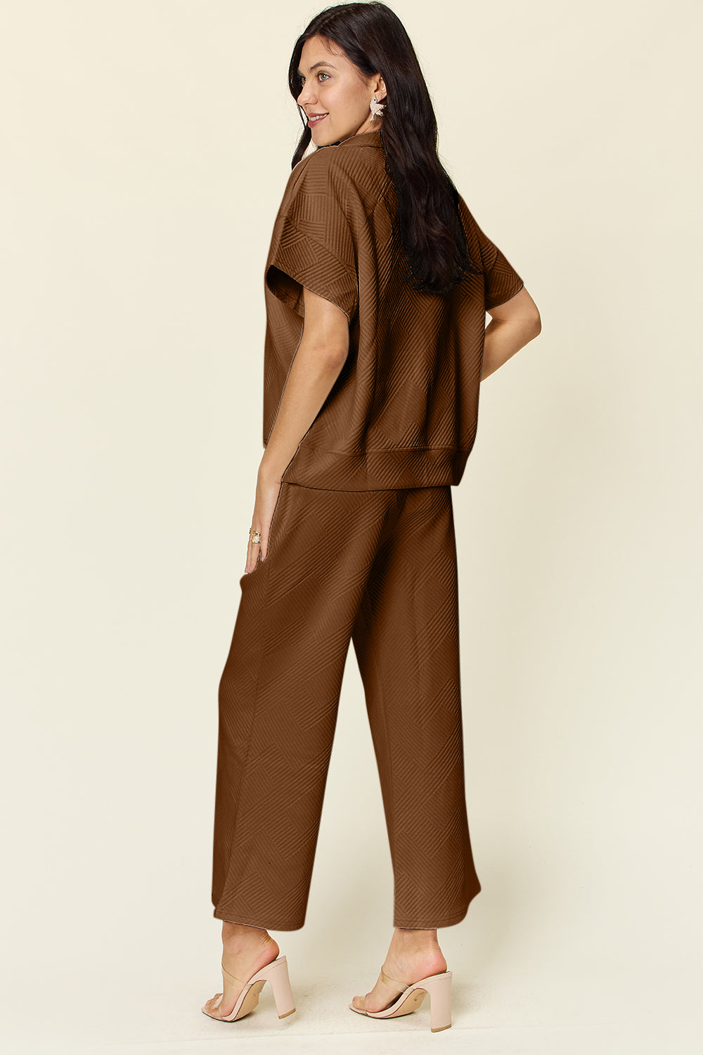 Textured Half Zip Short Sleeve Top and Wide Leg Crop Pants Set in 8 Colors