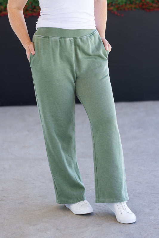 Michelle Mae Wide Leg Vintage Wash Bottoms - Olive