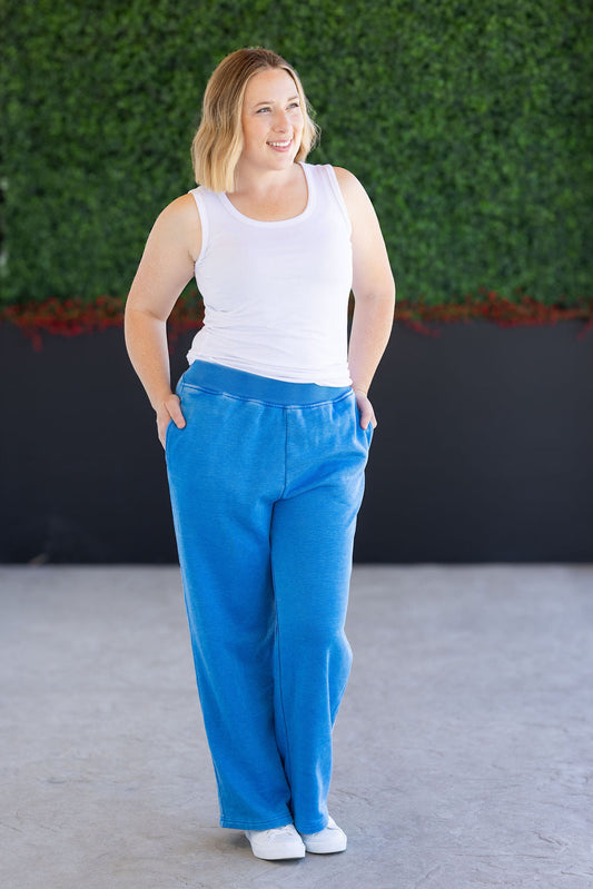 Michelle Mae Wide Leg Vintage Wash Bottoms - Winter Blue