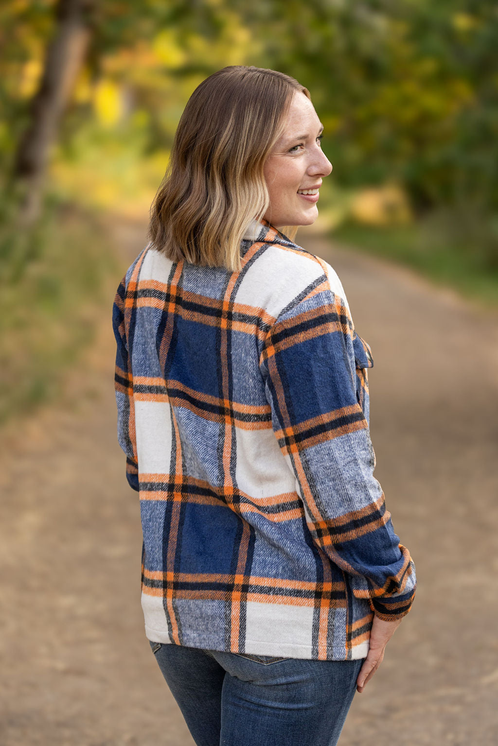 IN STOCK Norah Plaid Shacket - Navy and Orange