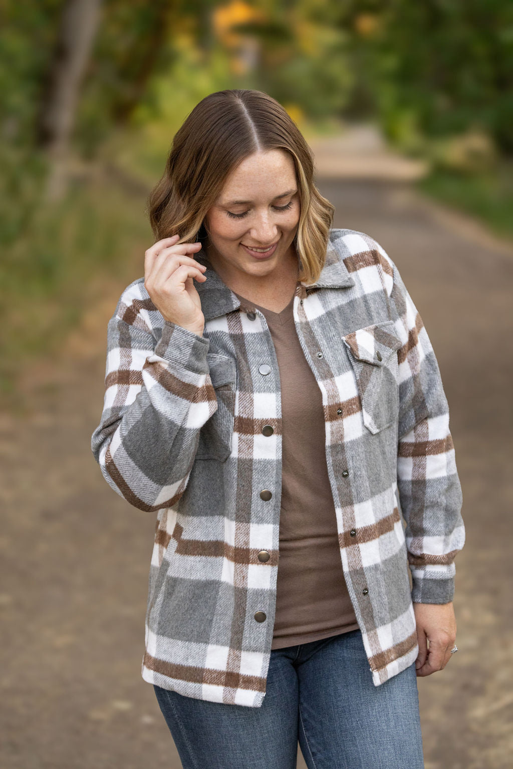 IN STOCK Norah Plaid Shacket - Grey and Tan