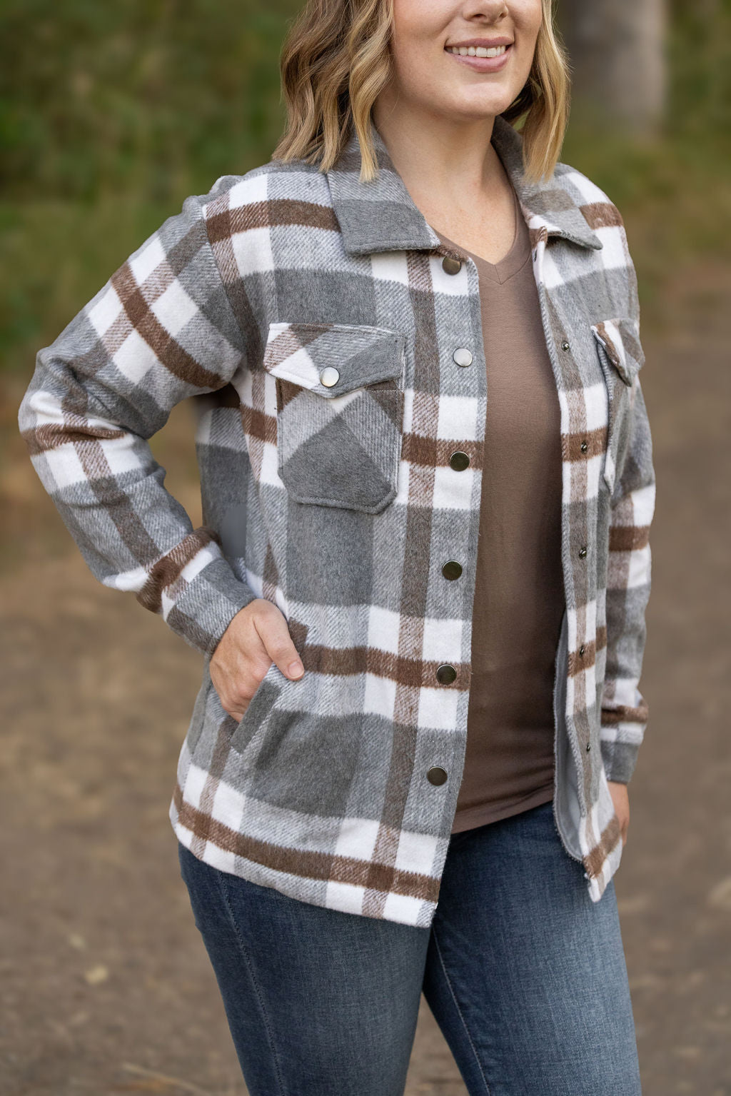 IN STOCK Norah Plaid Shacket - Grey and Tan