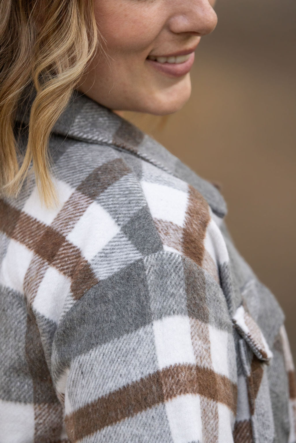 IN STOCK Norah Plaid Shacket - Grey and Tan