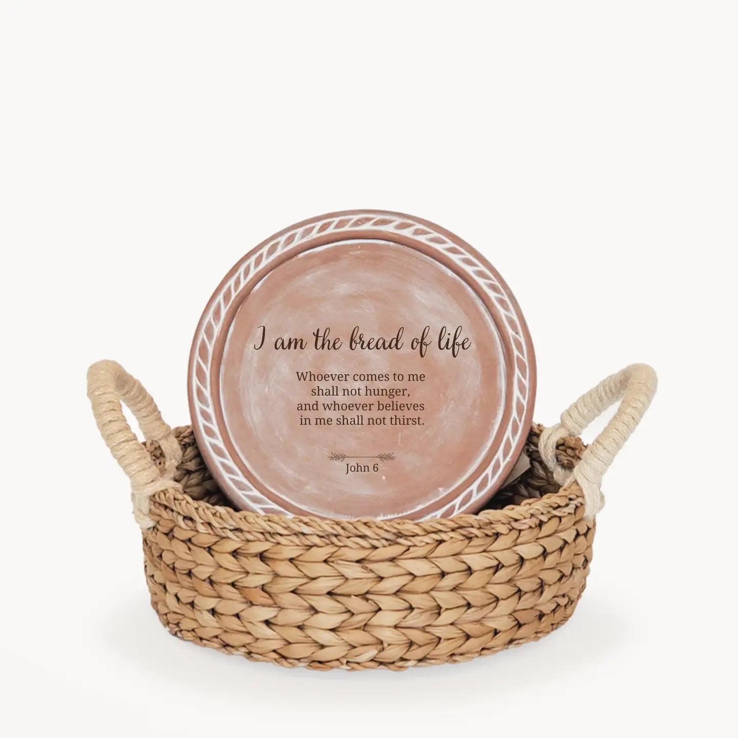 Handmade Bread Warmer & Wicker Basket - Bread of Life Bible Verse - Round