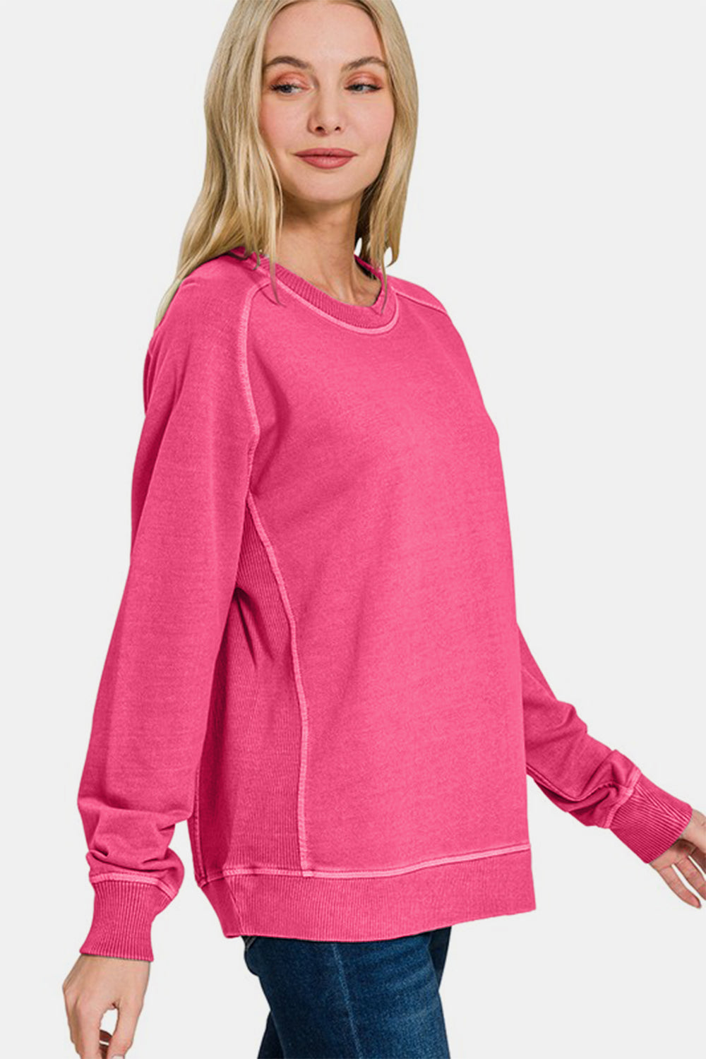 Zenana Full Size Pigment Dyed French Terry Sweatshirt in Hot Pink