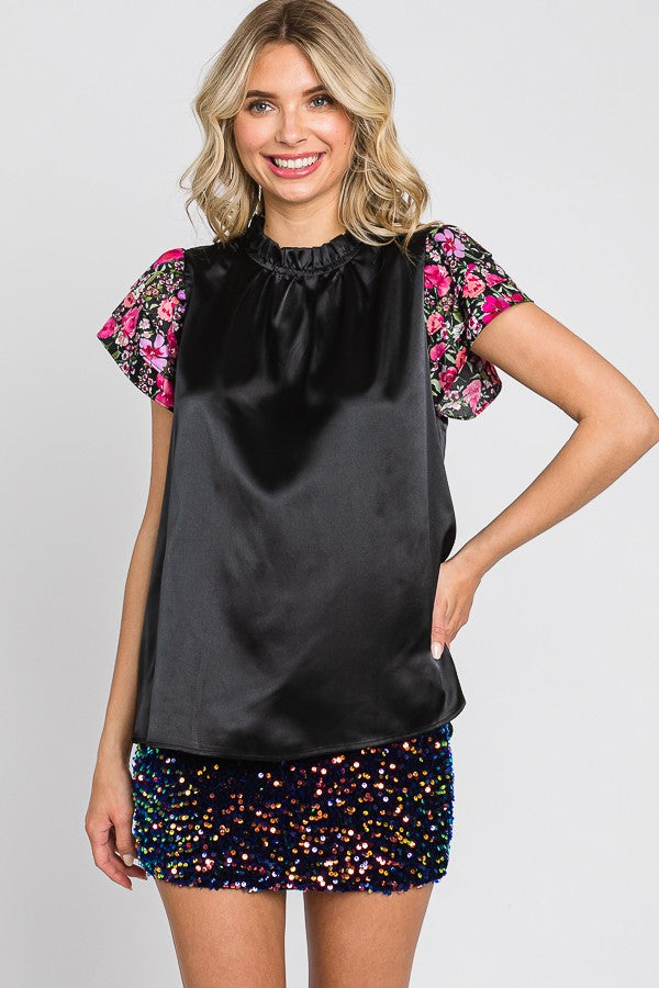 Talk of the Town Satin Floral Sleeve Blouse