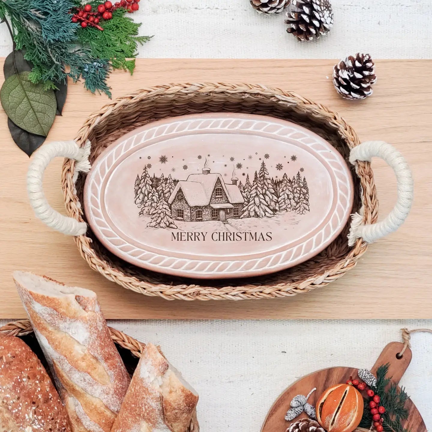 Handmade Bread Warmer & Wicker Basket - Christmas Village Oval